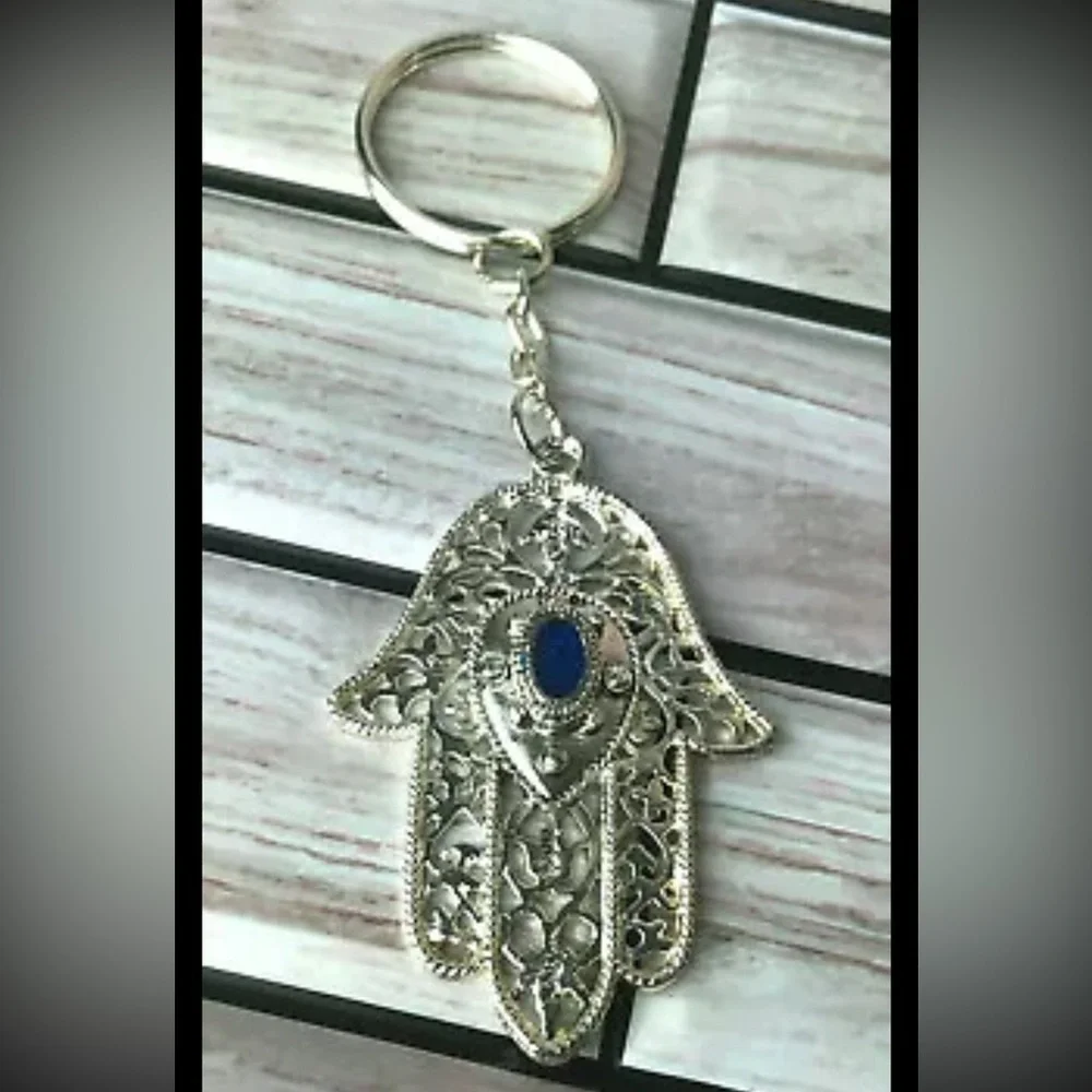 Hamsa Keychain Metal Hand Silver Tone Travel Souvenir Blue Accent New